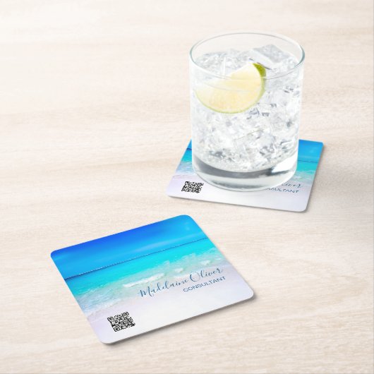 海シーQRコードブルースクエア スクエアペーパーコースター (インサイチュ)