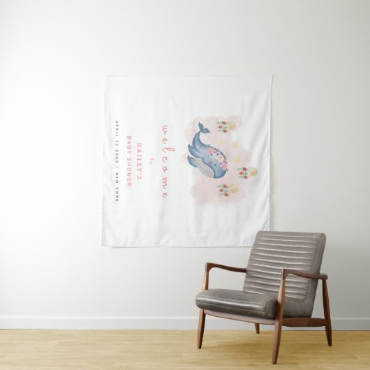 海スウィートホエールフローラベビーシャワー歓迎サイン タペストリー (インサイチュ(横))