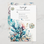 海スプラッシュシーコーラルウォーターカラーウェディングRSVP 招待状 (正面/裏面)