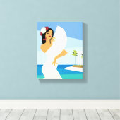 海スペインの海岸で扇風機でポーズをとる若い婦人 キャンバスプリント (インサイチュ (ウッドフロア))