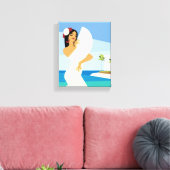 海スペインの海岸で扇風機でポーズをとる若い婦人 キャンバスプリント (インサイチュ (リビング))