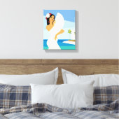 海スペインの海岸で扇風機でポーズをとる若い婦人 キャンバスプリント (インサイチュ (寝室))