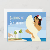 海スペインの海岸で扇風機でポーズをとる若い婦人 ポストカード (正面/裏面)