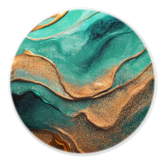 海ティール（緑がかった色）とブロンズ抽象芸術アート セラミックノブ (正面)