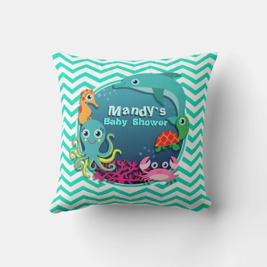 海テーマベビーシャワー;アクアグリーンシェブロン クッション (裏面)