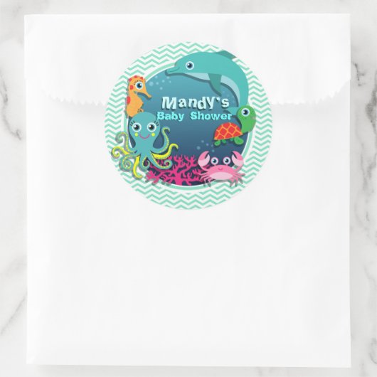 海テーマベビーシャワー;アクアグリーンシェブロン ラウンドシール (バッグ)