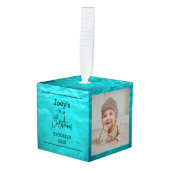 海テーマ.ベビー初めてのクリスマス3枚の写真 キューブオーナメント (正面アングル)