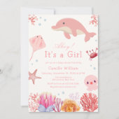 海ドルフィンガールベビーシャワーの下のピンクのアホイー 招待状 (正面)