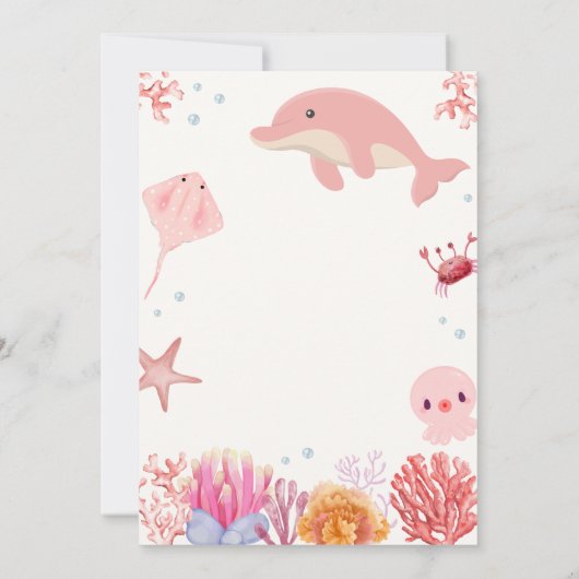 海ドルフィンガールベビーシャワーの下のピンクのアホイー 招待状 (裏面)