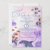 海ドルフィンパープルフィッシュの下の三番目の誕生日 招待状 (正面)