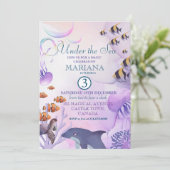 海ドルフィンパープルフィッシュの下の三番目の誕生日 招待状 (スタンド正面)