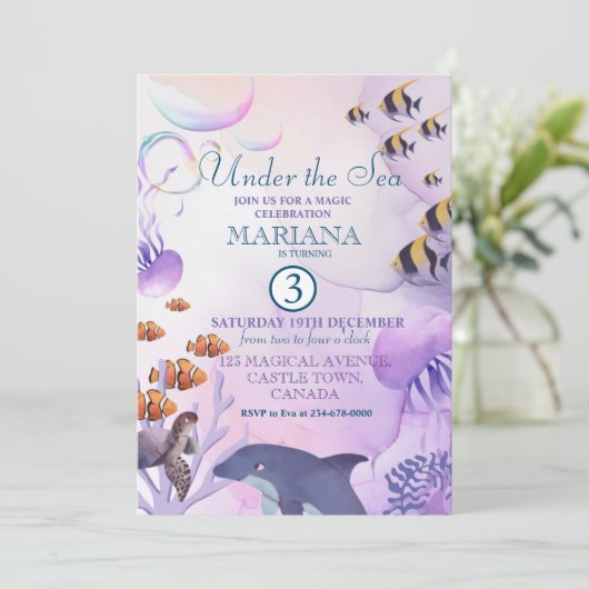 海ドルフィンパープルフィッシュの下の三番目の誕生日 招待状 (スタンド正面)