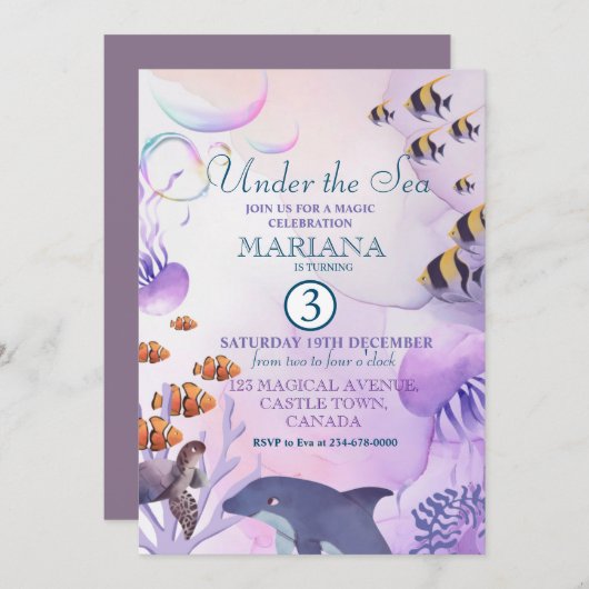 海ドルフィンパープルフィッシュの下の三番目の誕生日 招待状 (正面/裏面)
