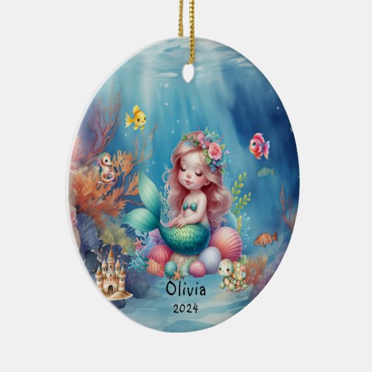 海パーソナライズされたの下でかわいい人魚海写真 セラミックオーナメント (右)