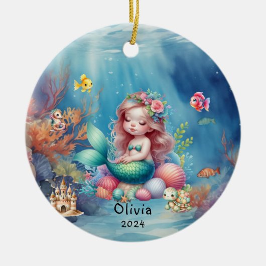 海パーソナライズされたの下でかわいい人魚海写真 セラミックオーナメント (正面)