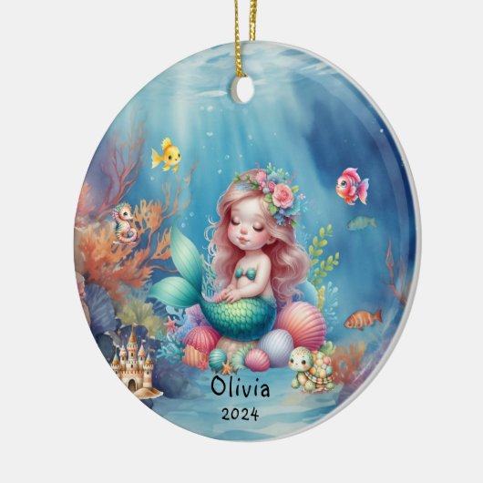 海パーソナライズされたの下でかわいい人魚海写真 セラミックオーナメント (左)