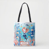 海パーソナライズされたの下のかわいい人魚 トートバッグ (正面)