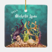 海パーソナライズされたの下の人魚と海馬 セラミックオーナメント (裏面)