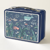 海パーソナライズされたの水色名の下の鯨 メタルランチボックス (裏面)