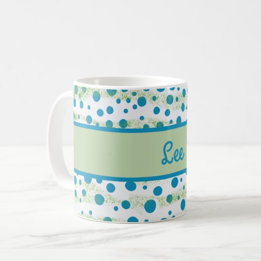 海パーソナライズされた青と緑による名前 コーヒーマグカップ (正面左)