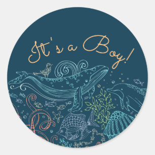 海パーティー It's a Boy Sticker ラウンドシール