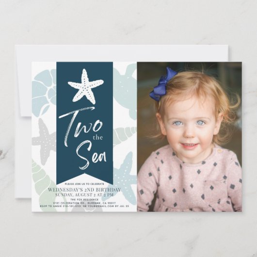 海ヒトデ海軍ブルーの二つの誕生日の写真 招待状 (正面)