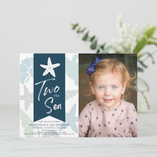 海ヒトデ海軍ブルーの二つの誕生日の写真 招待状 (スタンド正面)