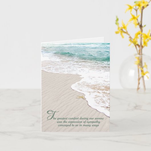 海ビーチとヒトデ悔やみや弔慰ありがとう カード (黄色い花)
