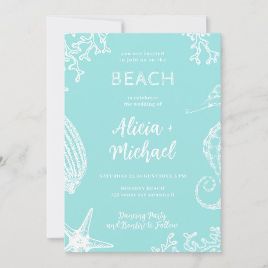 海ビーチアクアブルー目的地の結婚式 招待状 (正面)