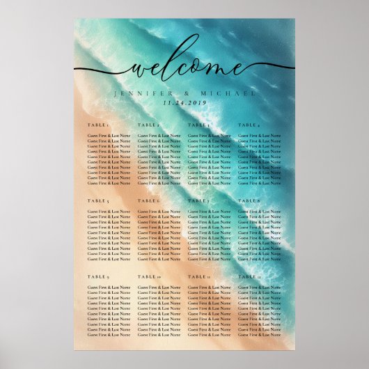 海ビーチサマー結婚パーティーのテーブル番号 ポスター (正面)