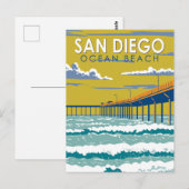 海ビーチサンディエゴトラベルアートヴィンテージ ポストカード (正面/裏面)