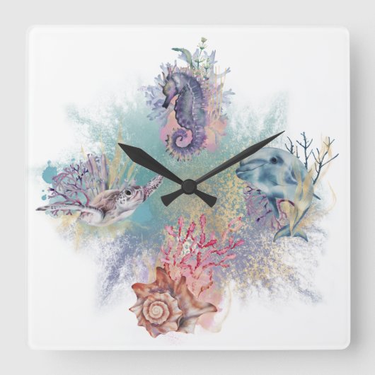 海ビーチザシーウォーターカラーアートシーホース スクエア壁時計 (正面)