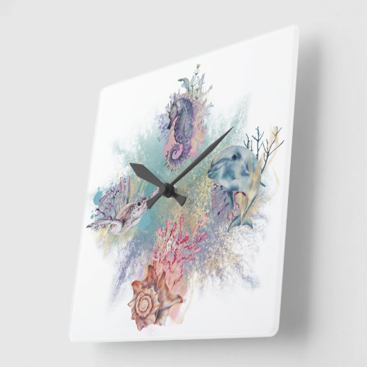 海ビーチザシーウォーターカラーアートシーホース スクエア壁時計 (傾斜)