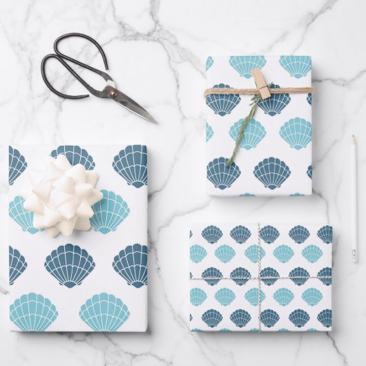 海ビーチシーシェルズブルーパターンテーマ ラッピングペーパーシート (正面)