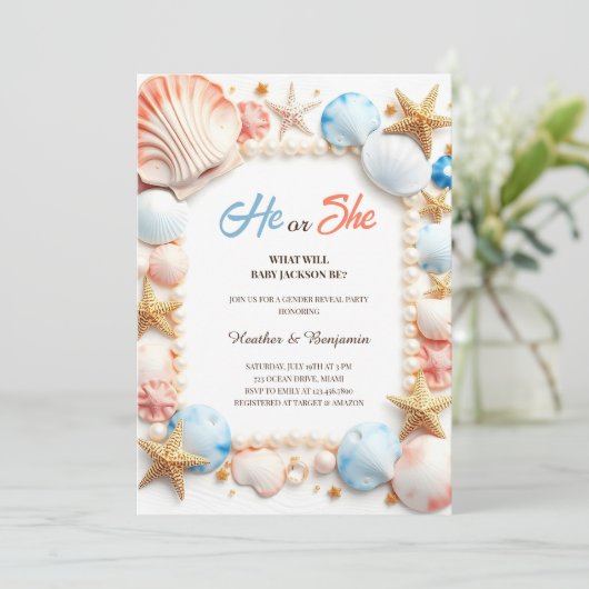 海ビーチシーシェル夏ジェンダーのパーティーの表示 招待状 (スタンド正面)