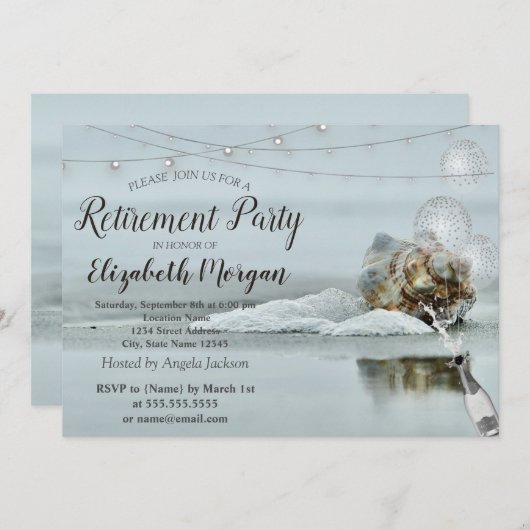 海ビーチシーシェル、バルーン、ワインリタイア 招待状 (正面/裏面)