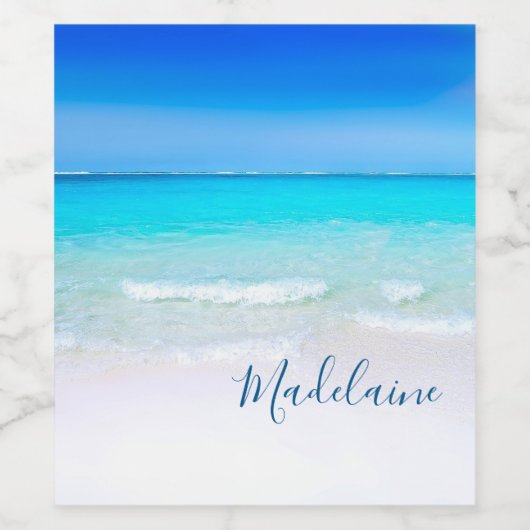 海ビーチシーパーソナルネームアクアブルーモダン ワインラベル (シングルラベル)