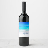 海ビーチシーパーソナルネームアクアブルーモダン ワインラベル (正面)