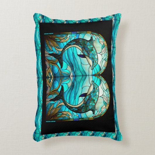 海ビーチハウスブルードルフィンフェイクステンドグラス アクセントクッション (正面(垂直))