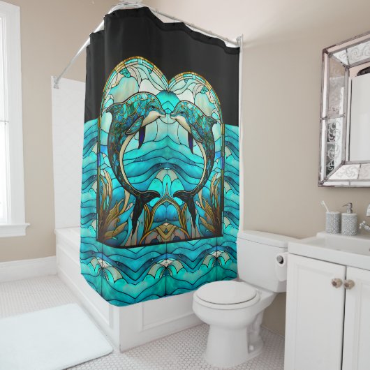 海ビーチハウスブルードルフィンフェイクステンドグラス シャワーカーテン (インサイチュ)