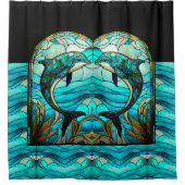 海ビーチハウスブルードルフィンフェイクステンドグラス シャワーカーテン (正面)