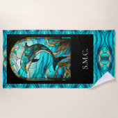 海ビーチハウスブルードルフィンフェイクステンドグラス ビーチタオル (正面)