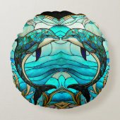 海ビーチハウスブルードルフィンフェイクステンドグラス ラウンドクッション (正面)