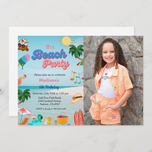 海ビーチパーティー誕生日、夏ビーチ誕生日 招待状 (正面/裏面)
