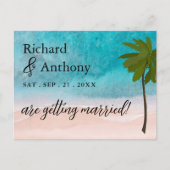 海ビーチパームツリーウェディング日付を保存 案内ポストカード (正面)