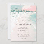 海ビーチパームツリーズピンクスカイエレガントな結婚式 招待状 (正面)