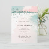 海ビーチパームツリーズピンクスカイエレガントな結婚式 招待状 (スタンド正面)