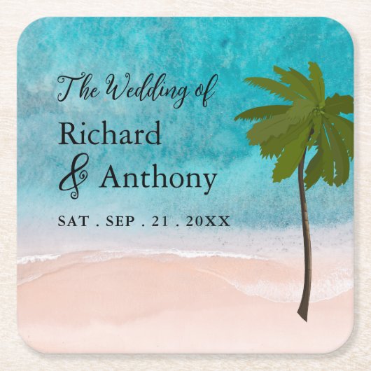海ビーチパーム結婚ツリー スクエアペーパーコースター (正面)