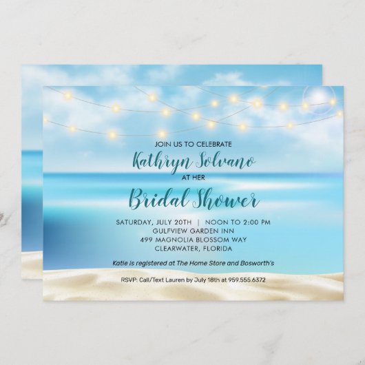 海ビーチフェアリーライトブライダルウェディングシャワー 招待状 (正面/裏面)