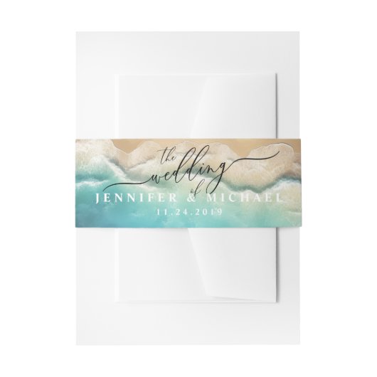 海ビーチブルーウォーター色スクリプエレガントト 招待状ベリーバンド (正面例)